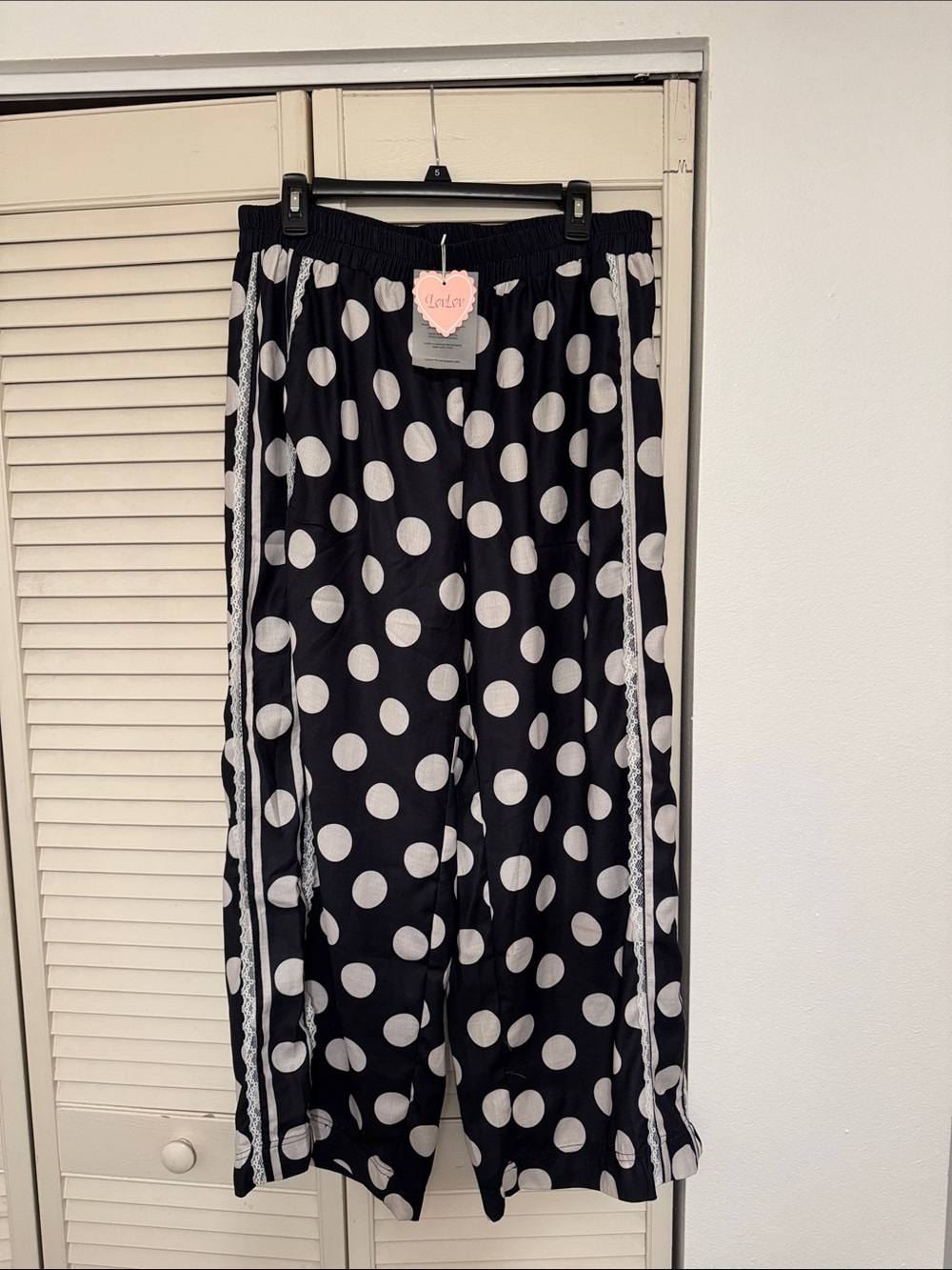 Women’s Black Polka Dot Pants with Elastic Waist and lace detail down the legs